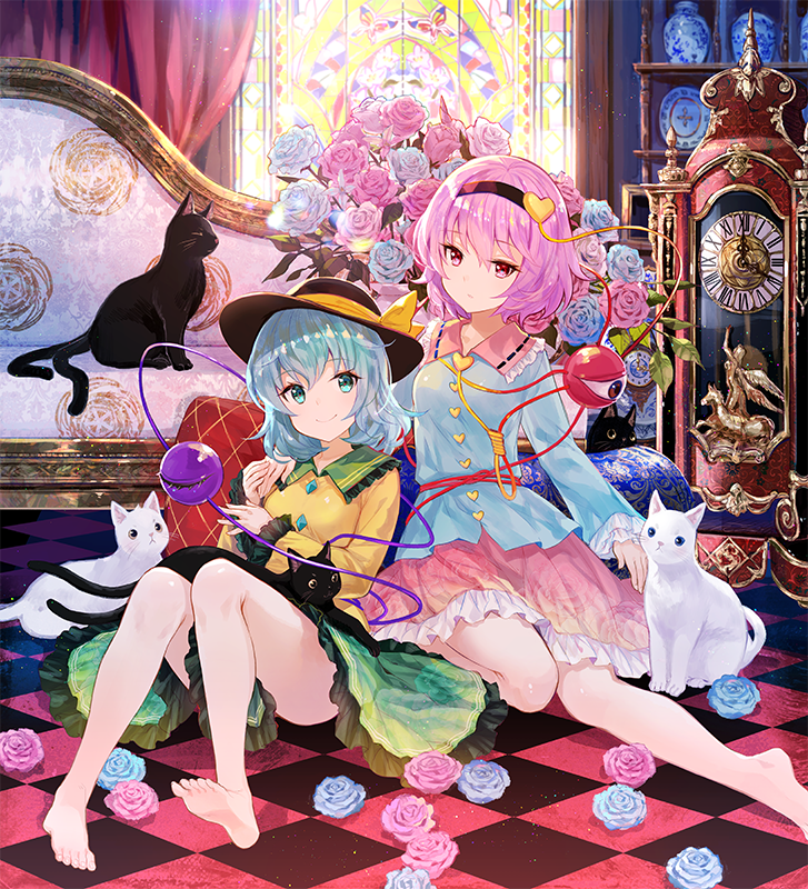 2girls ass bare_legs barefoot black_cat black_hairband black_hat blue_flower blue_rose blue_shirt bow breasts cat checkered checkered_floor clock commentary_request couch curtains eyebrows_visible_through_hair floral_print flower frilled_shirt_collar frilled_sleeves frills fuji_choko full_body grandfather_clock green_eyes green_hair green_skirt hair_between_eyes hair_ornament hairband hat heart heart_hair_ornament indoors komeiji_koishi komeiji_satori leaf long_sleeves multiple_girls nekomata petticoat pillow pink_eyes pink_flower pink_hair pink_rose pink_skirt plate ribbon-trimmed_collar ribbon_trim rose shirt short_hair siblings sisters sitting skirt small_breasts smile thighs third_eye touhou vase white_cat window yellow_bow yellow_shirt