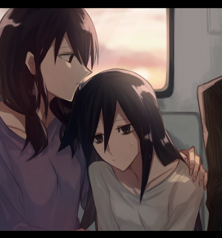 2girls :| aoki_shizumi bags_under_eyes black_hair casual closed_mouth commentary hair_between_eyes hand_on_another's_shoulder kuroki_tomoko long_hair multiple_girls profile shirt side-by-side sweatdrop tamura_yuri tied_hair train_interior watashi_ga_motenai_no_wa_dou_kangaetemo_omaera_ga_warui! yuri