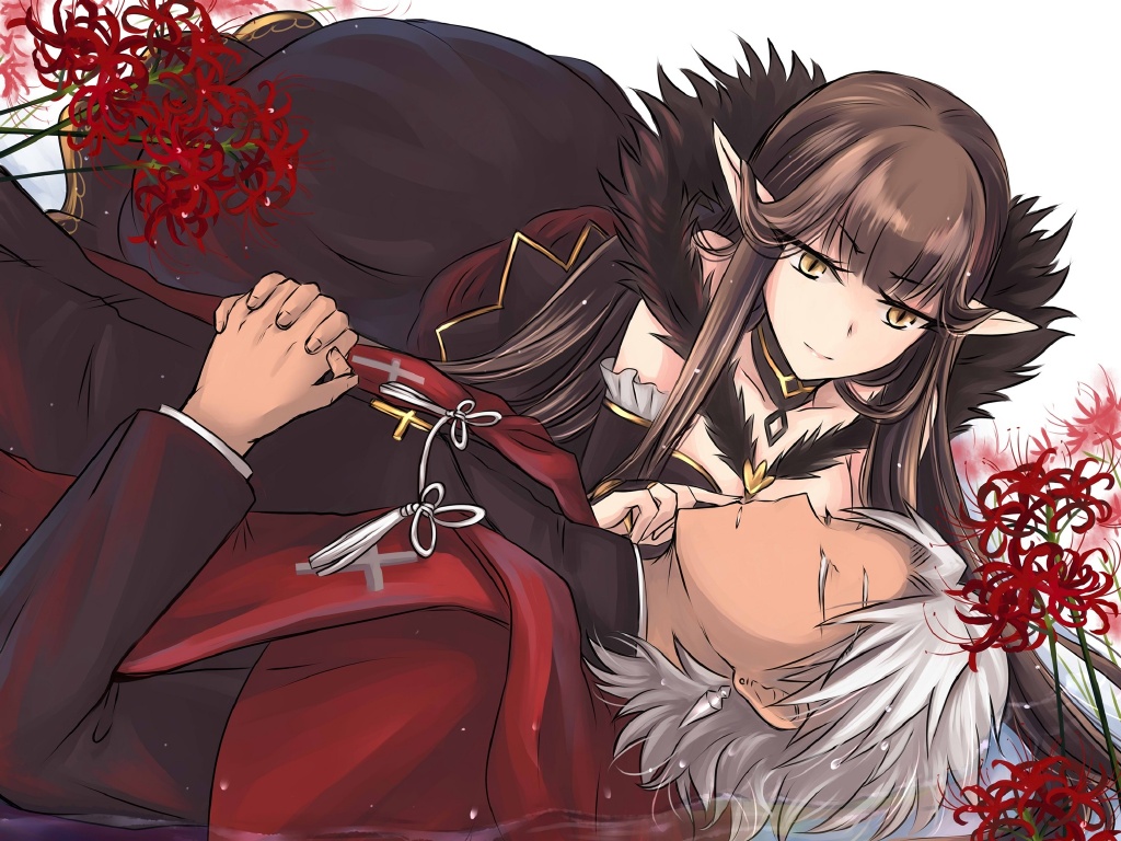 1boy 1girl amakusa_shirou_(fate) black_hair breasts brown_eyes cleavage closed_eyes dark_skin detached_sleeves fate/apocrypha fate_(series) fur_trim grey_hair long_hair looking_at_another lying on_back pointy_ears runliya semiramis_(fate) sleeping slit_pupils tiger_lily very_long_hair