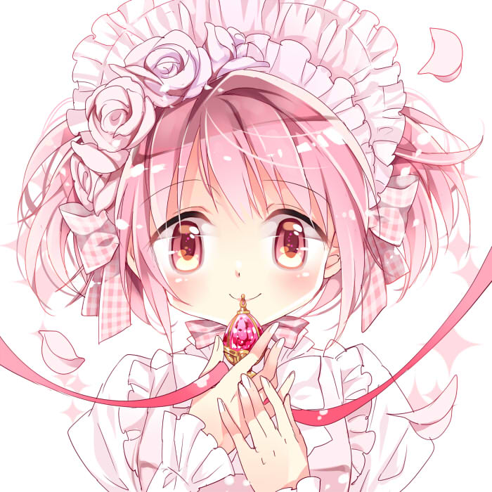 1girl ayumaru_(art_of_life) blush bow dress flower hair_flower hair_ornament kaname_madoka looking_at_viewer mahou_shoujo_madoka_magica pink_eyes pink_hair ribbon short_hair simple_background smile soul_gem twintails white_dress