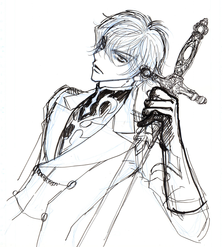 1boy buttons clothes code_geass gloves graphite_(medium) holding kou_(suzalulu) kururugi_suzaku lips looking_at_viewer male_focus mechanical_pencil monochrome pencil serious simple_background sketch solo sword traditional_media uniform upper_body v-shaped_eyebrows weapon white_background