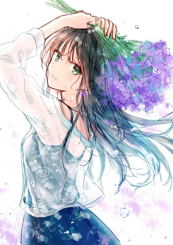 1girl arms_up black_camisole black_hair black_skirt blush breasts camisole cowboy_shot eyebrows_visible_through_hair floating_hair flower from_behind green_eyes hair_between_eyes head_tilt hiten_(hitenkei) holding holding_flower lavender_(flower) light_smile long_hair long_sleeves looking_at_viewer looking_back original parted_lips pollen see-through shirt simple_background skirt sleeveless small_breasts solo spaghetti_strap water_drop white_background