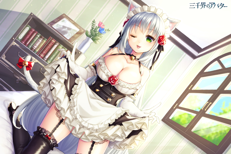 1girl :d animal_ears bare_shoulders bell black_legwear bookshelf breasts cat_ears cat_tail cleavage dress dress_lift dutch_angle flower frills garter_straps green_eyes hair_flower hair_ornament huziimiyuu indoors jingle_bell kneeling large_breasts lifted_by_self long_hair looking_at_viewer maid official_art on_bed open_mouth picture_frame sanzenkai_no_avatar smile solo striped tail thigh-highs vase very_long_hair wallpaper_(object) watermark window