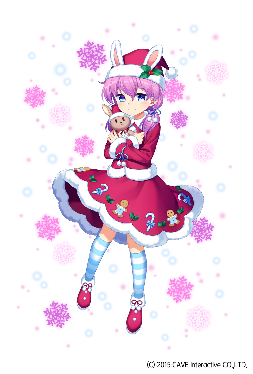 1girl animal_hat blue_eyes blue_legwear bunny_hat candy candy_cane crossed_arms dress food full_body gingerbread_man gothic_wa_mahou_otome hair_between_eyes hat hat_ornament highres holding holding_stuffed_animal holly jenevan medium_hair official_art purple_hair red_dress red_footwear red_skirt santa_hat short_twintails skirt snowflakes standing striped striped_legwear stuffed_animal stuffed_bunny stuffed_toy twintails