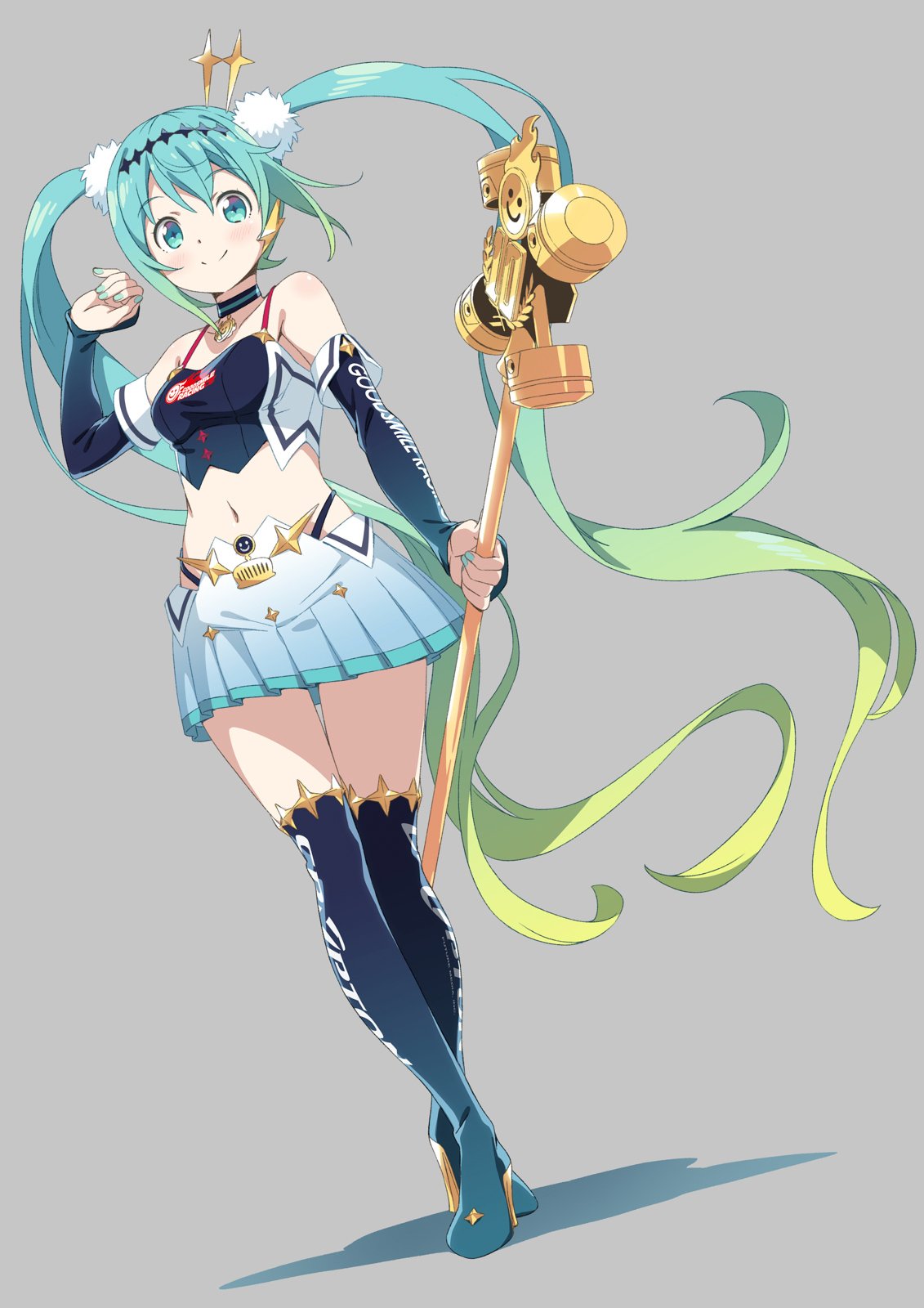 1girl aqua_eyes aqua_hair bare_shoulders blush boots breasts closed_mouth collar commentary_request eyebrows_visible_through_hair fingernails full_body fur_trim goodsmile_racing gradient_hair green_hair grey_background hair_ornament hatsune_miku highres kanzaki_hiro logo long_hair looking_at_viewer medium_breasts midriff multicolored_hair nail_polish navel official_art piapro pleated_skirt racequeen racing_miku racing_miku_(2018) shadow shiny shiny_hair skirt sleeveless smile solo staff thigh-highs thigh_boots twintails very_long_hair vocaloid zettai_ryouiki