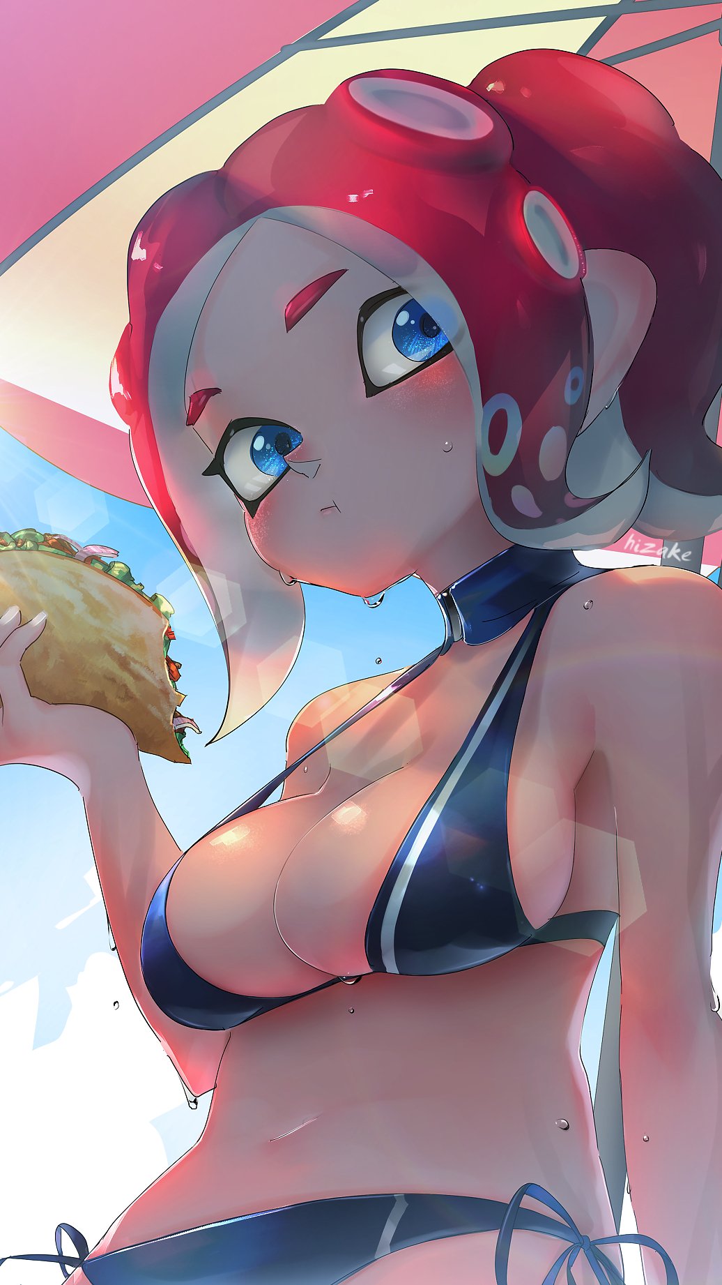 1girl :t agent_8 arm_at_side bikini bite_mark black_bikini blue_bikini blue_eyes blue_sky blush breasts closed_mouth clouds day eating fingernails food from_below halter_top halterneck highres holding holding_food kashu_(hizake) lens_flare looking_at_viewer medium_breasts medium_hair monster_girl navel octarian octoling outdoors parasol pointy_ears redhead shade shiny shiny_hair shiny_skin side-tie_bikini sideways_glance signature sky solo splatoon splatoon_2 splatoon_2:_octo_expansion stomach suction_cups sunlight swimsuit taco tentacle_hair umbrella water_drop wet