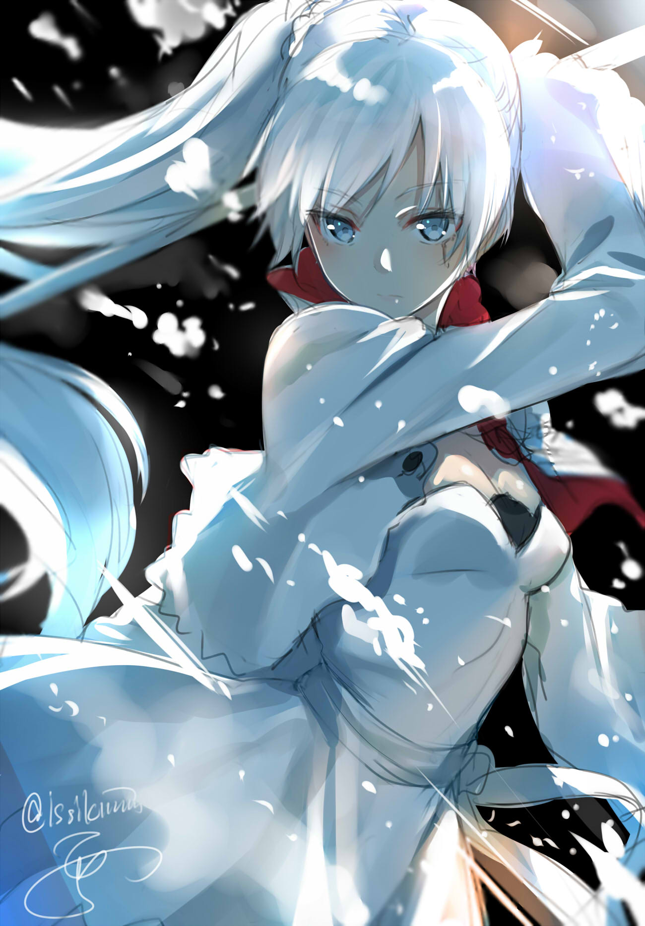 1girl artist_name blue_eyes breasts cleavage dress highres isshiki_(ffmania7) jacket myrtenaster rapier rwby scar scar_across_eye signature sword weapon weiss_schnee white_dress white_hair