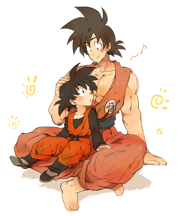 2boys :o ayo_(isy8800) barefoot black_eyes black_hair blush chest dougi dragon_ball dragonball_z eyebrows_visible_through_hair father_and_son fingernails full_body hands_on_another's_head happy legs_crossed long_sleeves looking_at_viewer looking_down looking_up male_focus multiple_boys musical_note paws quarter_note shadow short_hair simple_background sitting sitting_on_lap sitting_on_person size_difference smile son_gokuu son_goten spiky_hair sun white_background