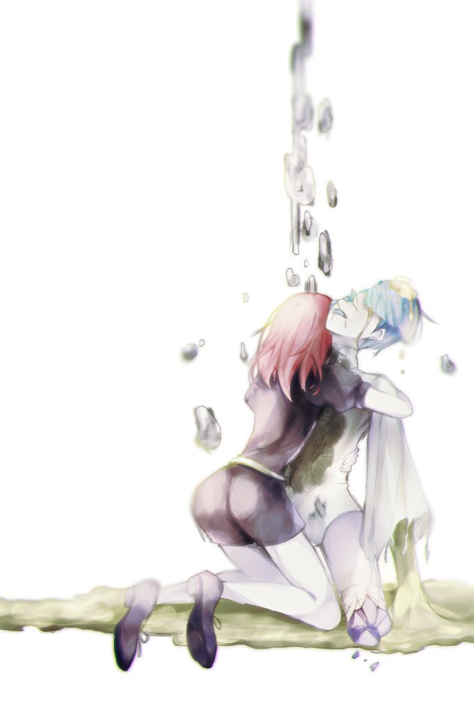 2others androgynous blue_hair broken cracked gem_uniform_(houseki_no_kuni) gold golden_arms houseki_no_kuni hug meguritekuruhi melting mercury missing_limb multiple_others phosphophyllite phosphophyllite_(ll) redhead shinsha_(houseki_no_kuni) short_hair spoilers white_background white_skin