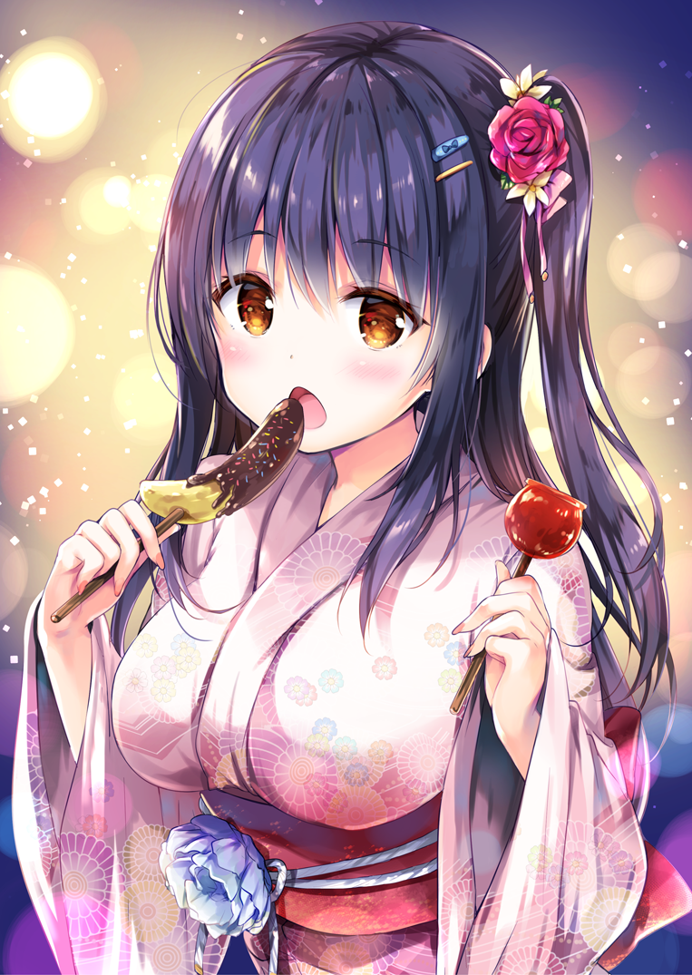 1girl bangs blush breasts brown_eyes candy_apple chocolate_banana commentary_request eyebrows_visible_through_hair fingernails floral_print flower food hair_between_eyes hair_flower hair_ornament hands_up hisama_kumako holding holding_food japanese_clothes kimono long_hair long_sleeves medium_breasts obi one_side_up open_mouth original pink_kimono print_kimono purple_hair red_flower red_rose rose sash solo very_long_hair wide_sleeves yukata