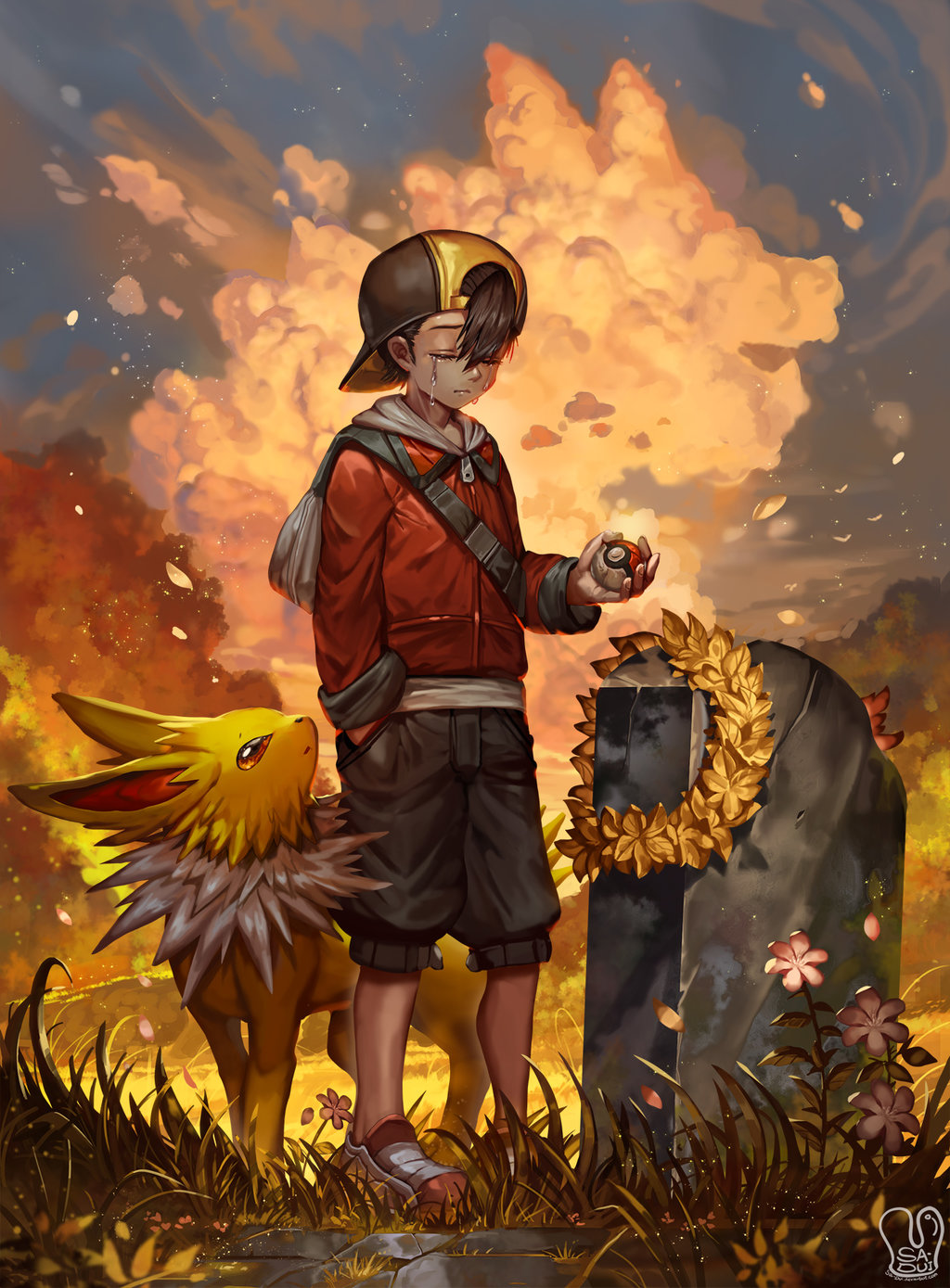 backwards_hat baseball_cap closed_eyes clouds cloudy_sky commentary commission crying english_commentary feraligatr flower gen_1_pokemon gen_2_pokemon grass grave hand_in_pocket hat highres holding holding_poke_ball jacket jolteon long_sleeves pink_flower poke_ball poke_ball_(generic) pokemon pokemon_(creature) red_jacket sa-dui shorts sky standing tears tombstone