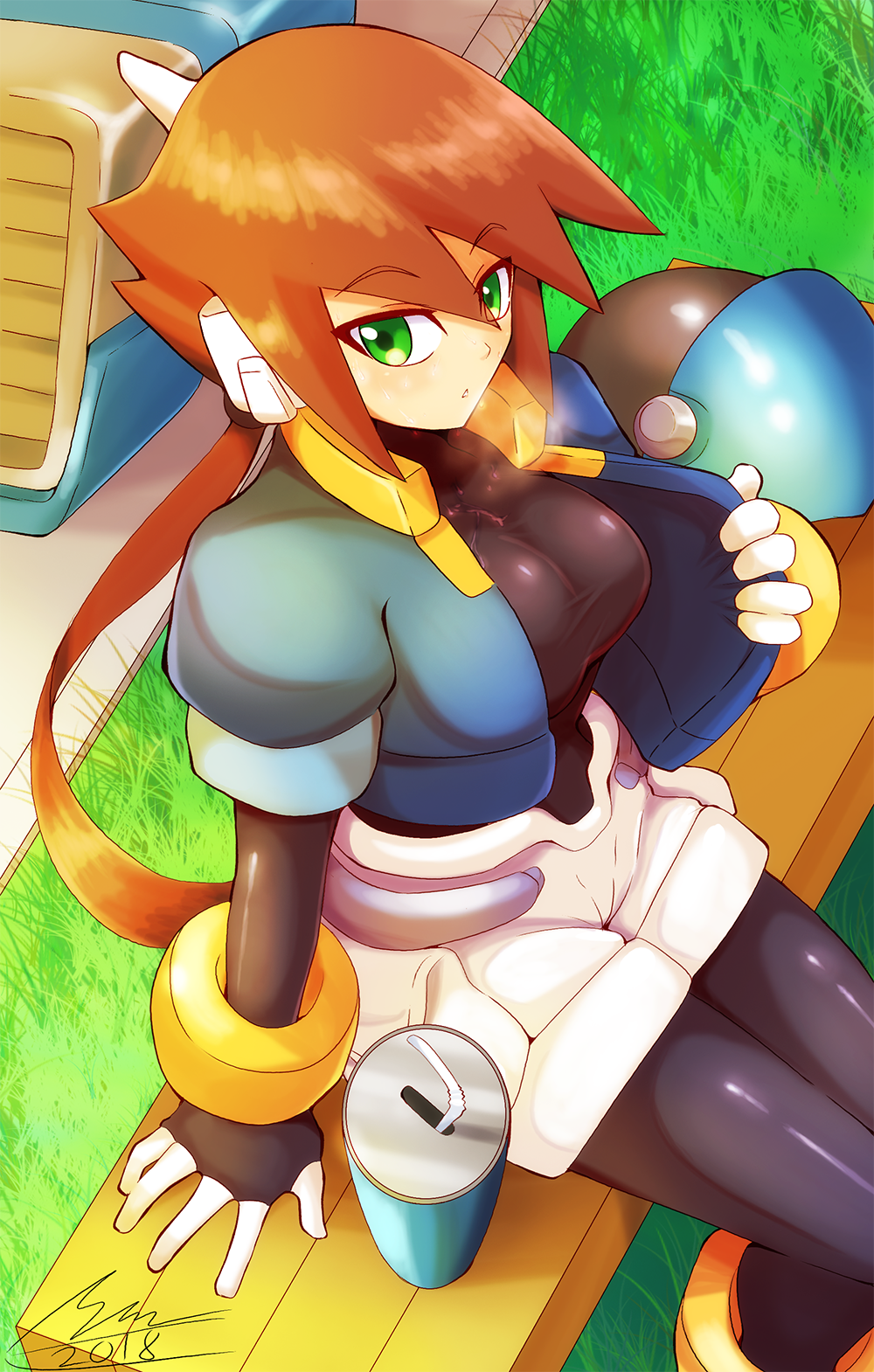 1girl 2018 aile arm_support bench blue_jacket bodystocking bodysuit bracelet breasts brown_hair can dated drinking_straw eyebrows_visible_through_hair from_above gloves grass green_eyes hair_between_eyes headwear_removed helmet helmet_removed highres jacket jewelry large_breasts legs_together long_hair looking_to_the_side pocket ponytail puffy_short_sleeves puffy_sleeves robot_ears rockman rockman_zx rockman_zx_advent shiny shiny_clothes short_sleeves shorts shoutaro_saito signature sitting solo spandex taut_clothes white_shorts