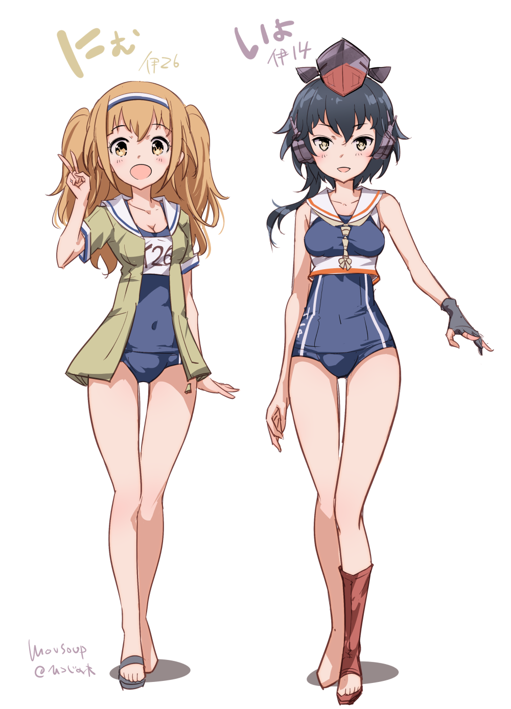 2girls arm_up asymmetrical_hair bangs black_hair blue_swimsuit blush breasts cleavage clothes_writing covered_navel crop_top framed_breasts gloves hair_between_eyes hairband headgear headphones highres i-14_(kantai_collection) i-26_(kantai_collection) kantai_collection legs light_brown_eyes light_brown_hair looking_at_viewer moupii_(hitsuji_no_ki) multiple_girls name_tag neckerchief new_school_swimsuit one-piece_swimsuit open_clothes open_mouth partly_fingerless_gloves sailor_collar school_swimsuit short_sleeves single_glove smile standing swimsuit swimsuit_under_clothes thighs two-tone_hairband two_side_up v