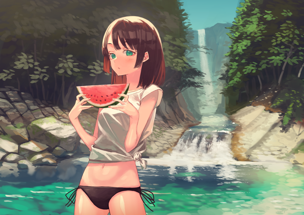 1girl aqua_eyes black_bikini_bottom blush breasts brown_hair day food fruit looking_at_viewer navel original outdoors river solo tree ukimesato water waterfall watermelon