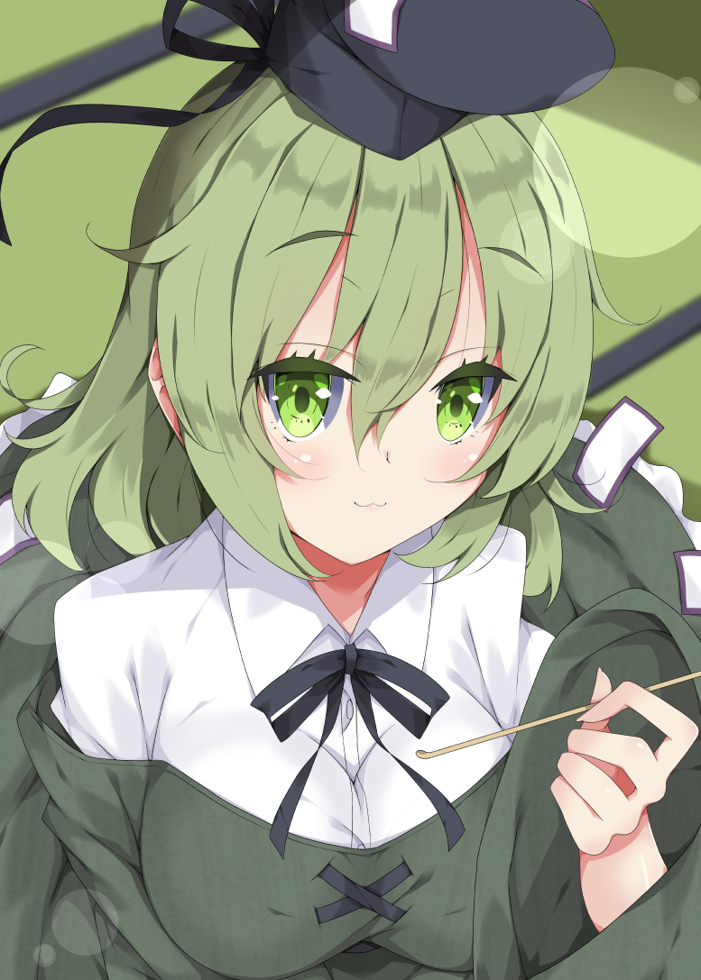 1girl :3 bangs black_hat black_ribbon blush breasts closed_mouth collared_shirt commentary_request dress dress_shirt eyebrows_visible_through_hair green_dress green_eyes green_hair hair_between_eyes hat holding long_hair medium_breasts milkpanda mimikaki neck_ribbon ribbon shirt sidelocks smile soga_no_tojiko solo tate_eboshi touhou white_shirt