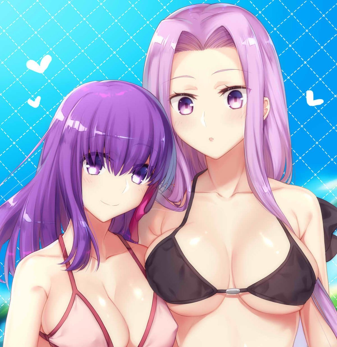 2girls artist_request bikini bikini_top braids cute emiya-san_chi_no_kyou_no_gohan fate/hollow_ataraxia fate/stay_night fate_(series) hair_ribbon heart heaven's_feel love matou_sakura medusa_(fate)_(all) pink_hair ribbon rider summer violet_eyes violet_hair