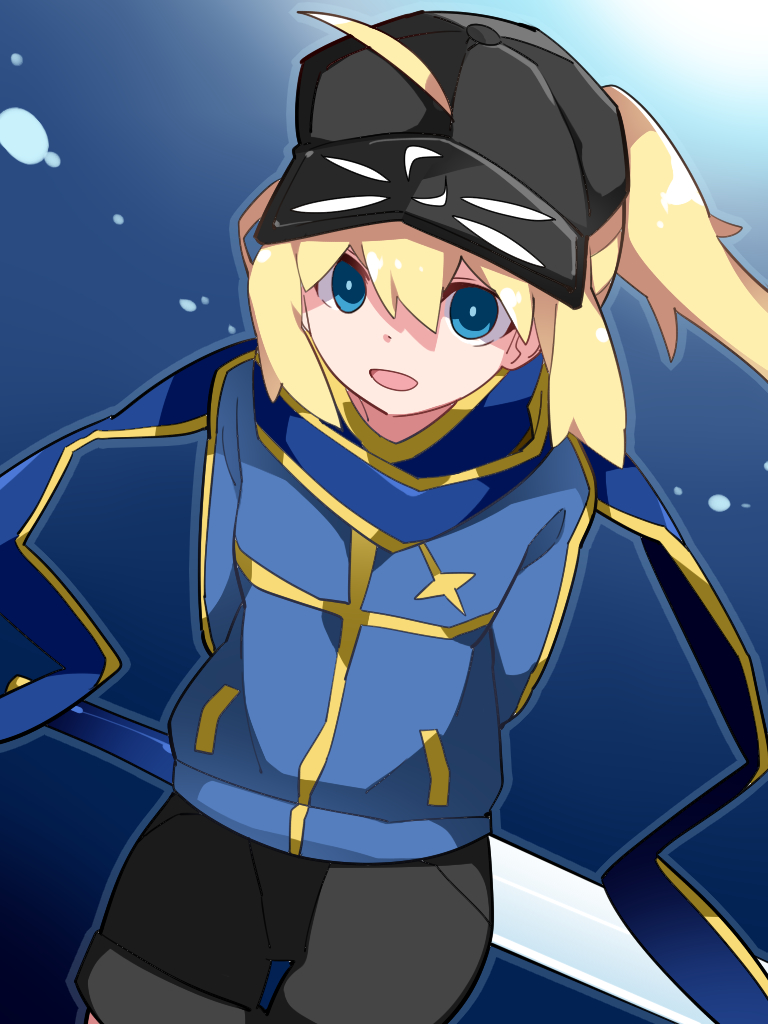 1girl :d ahoge artoria_pendragon_(all) baseball_cap black_hat black_shorts blonde_hair blue_background blue_eyes blue_jacket blue_scarf excalibur fate/grand_order fate_(series) hammer_(sunset_beach) hat holding holding_sword holding_weapon jacket long_sleeves mysterious_heroine_x open_mouth ponytail scarf shorts smile solo standing sword weapon