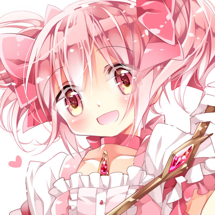 :d ayumaru_(art_of_life) bow bow_(weapon) choker gloves kaname_madoka magical_girl mahou_shoujo_madoka_magica open_mouth pink_eyes pink_hair smile soul_gem twintails weapon white_gloves