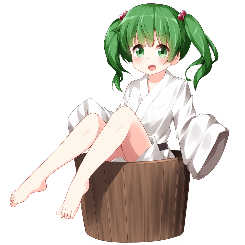 1girl bangs barefoot belt black_belt blush bucket collarbone green_eyes green_hair in_bucket in_container japanese_clothes kimono kisume knees_up long_sleeves looking_at_viewer open_mouth ruu_(tksymkw) short_hair short_kimono simple_background sitting sleeves_past_fingers sleeves_past_wrists smile solo thighs touhou twintails white_background white_kimono wide_sleeves wooden_bucket