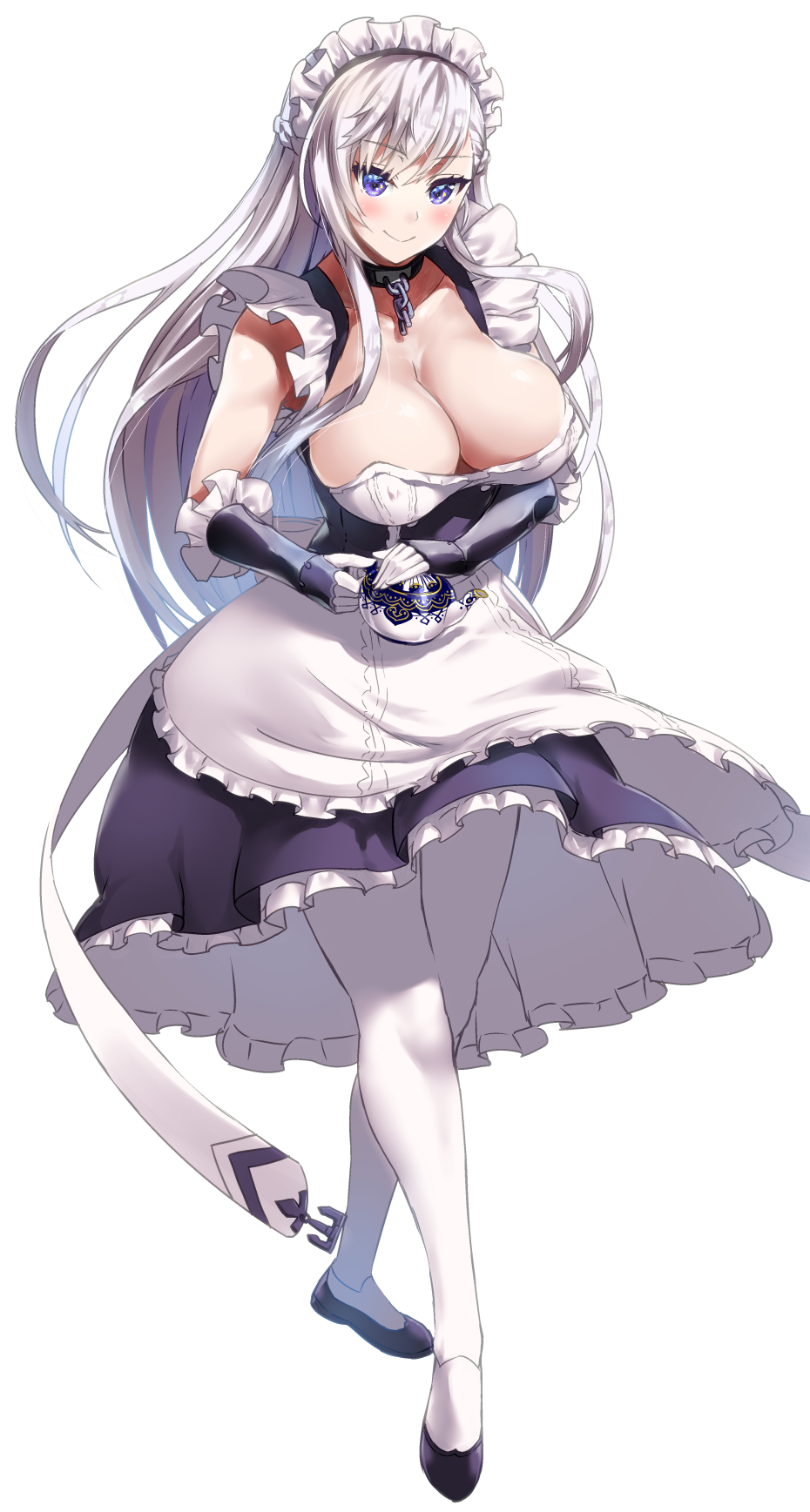 1girl apron azur_lane bangs belfast_(azur_lane) black_footwear blue_eyes blush braid breasts chains cleavage closed_mouth collar collarbone crossed_legs d_kurouri dress elbow_gloves eyebrows_visible_through_hair french_braid frilled_gloves frills full_body gloves highres holding_teapot large_breasts legs_crossed loafers long_hair looking_at_viewer maid maid_headdress pantyhose shoes sidelocks silver_hair simple_background skindentation smile solo watson_cross white_background white_gloves white_legwear