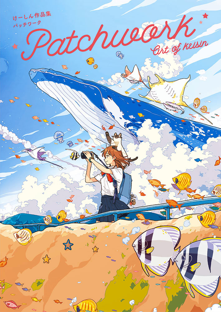 1girl animal animal_on_head backpack bag blue_skirt blue_sky bow bowtie brown_hair camera cat cat_on_head closed_mouth clouds commentary_request cover cover_page day fish flying_fish from_side jellyfish keishin manta_ray on_head original outdoors pleated_skirt railing red_neckwear school_uniform short_hair skirt sky smile solo standing tropical_fish waves whale