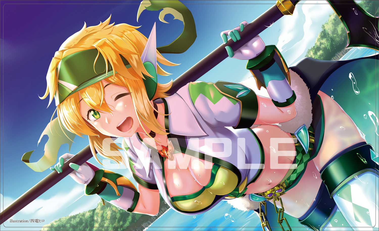 1girl akatsuki_kirika argyle argyle_legwear bent_over blonde_hair blue_sky breasts carrying chains clouds commentary_request dutch_angle eyebrows_visible_through_hair gloves green_eyes green_shorts hair_between_eyes headband headgear large_breasts looking_at_viewer murakumo1987 navel one_eye_closed outdoors sample scythe senki_zesshou_symphogear shiny shiny_hair shiny_skin short_hair shorts shoulder_carry sky solo teeth thigh-highs tree waistcoat water watermark wet white_gloves