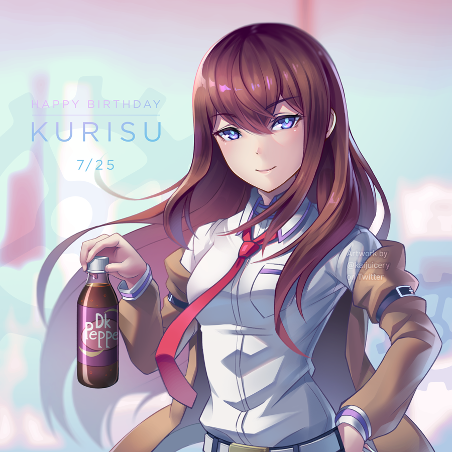 1girl bangs belt blue_eyes brown_hair brown_jacket closed_mouth collared_shirt commentary_request dr_pepper dress_shirt eyebrows_visible_through_hair hand_on_hip happy_birthday holding_drink jacket kaijuicery long_hair makise_kurisu necktie red_neckwear shirt smile soda soda_bottle solo steins;gate