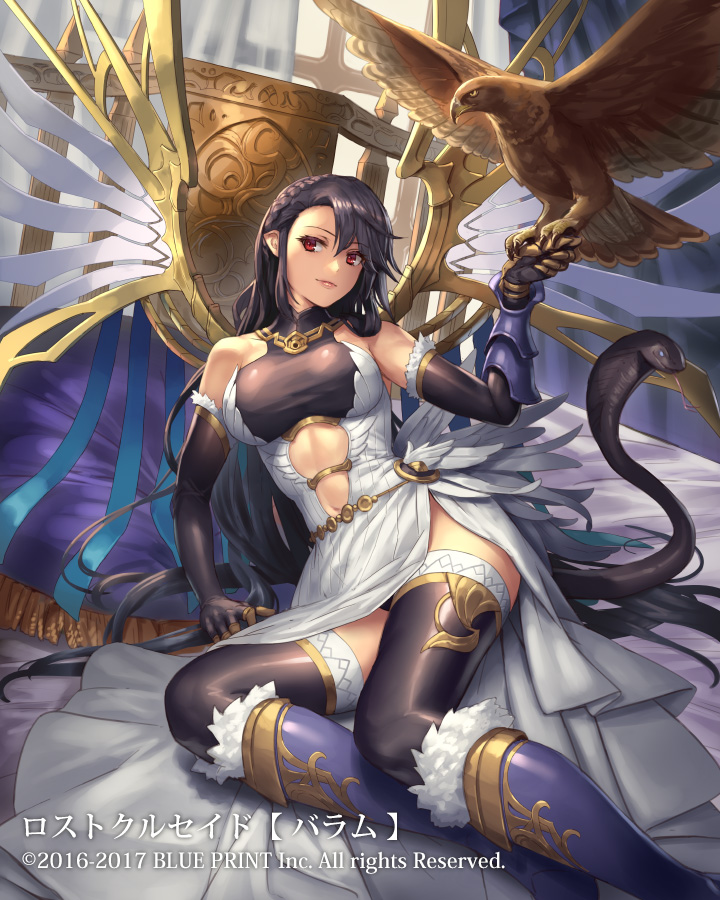 1girl bangs bed bird black_hair black_legwear boots breasts closed_mouth commentary_request covering covering_breasts cuboon eagle elbow_gloves eyebrows_visible_through_hair flower full_body fur_trim gloves hair_between_eyes large_breasts long_hair looking_at_viewer lost_crusade official_art pillow reclining red_eyes skirt snake solo thigh-highs wings zettai_ryouiki