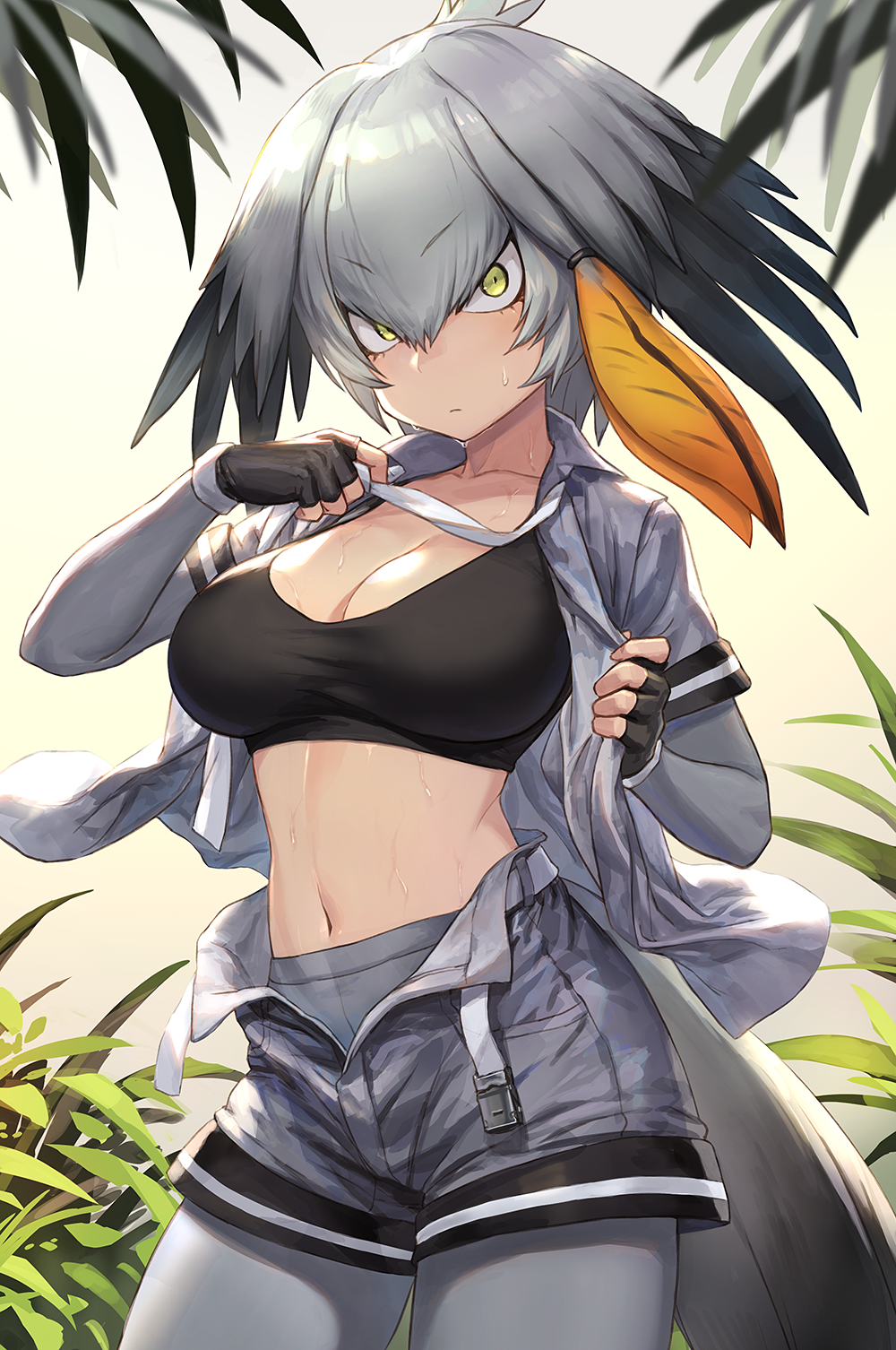 1girl ahoge bangs belt black_bra black_gloves black_hair bra breasts camouflage camouflage_shirt camouflage_shorts cleavage closed_mouth collared_shirt commentary_request contrapposto cowboy_shot day detached_sleeves eyebrows_visible_through_hair fingerless_gloves gloves green_eyes grey_hair grey_legwear grey_neckwear grey_shirt grey_shorts guchico hair_between_eyes hairband hands_up highres kemono_friends long_hair long_sleeves looking_at_viewer low_ponytail medium_breasts multicolored_hair navel necktie necktie_grab neckwear_grab open_clothes open_fly open_shirt open_shorts orange_hair pantyhose shirt shoebill_(kemono_friends) short_over_long_sleeves short_sleeves shorts side_ponytail solo sports_bra stomach sweat sweatdrop tail_feathers underwear undone_belt undone_necktie undressing wide-eyed wings