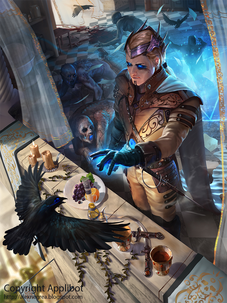 1boy alcohol alex_negrea bird blonde_hair blood blue_eyes candle cape curtains dagger facial_mark feathers food fruit gloves glowing glowing_eyes hair_ornament leaf legend_of_the_cryptids long_hair low_ponytail male_focus monster official_art raven_(animal) sword tiara weapon wine