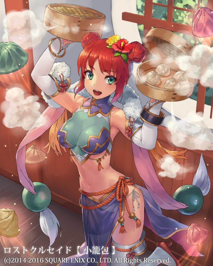 1girl baozi breasts copyright_name cuboon flower food green_eyes hair_flower hair_ornament large_breasts lost_crusade navel official_art redhead short_hair solo steam