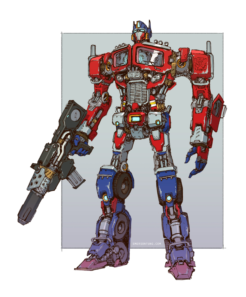 autobot beam_rifle emerson_tung energy_gun energy_weapon highres insignia machinery mecha optimus_prime original redesign robot science_fiction signature sketch solo transformers weapon