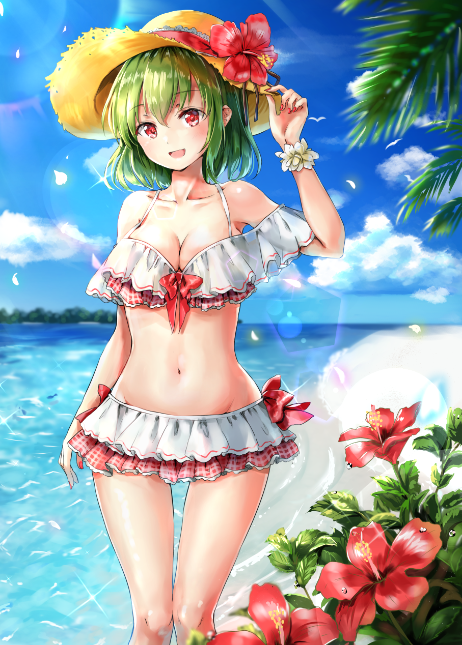 1girl :d bare_shoulders bikini blue_sky blush bow breasts cleavage clouds collarbone commentary_request day eyebrows_visible_through_hair feet_out_of_frame flower frilled_bikini frills green_hair groin hair_between_eyes hand_on_headwear hand_up hat hat_flower highres kazami_yuuka large_breasts lens_flare looking_at_viewer nail_polish navel ocean off_shoulder open_mouth outdoors red_bow red_eyes red_flower red_nails sand scrunchie shiny shiny_skin shironeko_yuuki short_hair sky smile solo sparkle standing stomach sun_hat swimsuit thighs touhou water white_bikini wrist_scrunchie yellow_hat