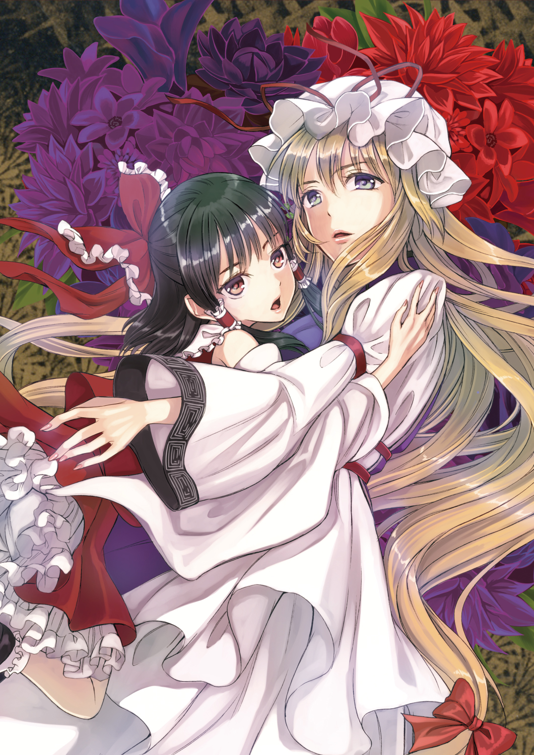 2girls album_cover bangs black_hair blonde_hair bow commentary_request cover detached_sleeves flower frilled_legwear grey_eyes hair_bow hair_ribbon hair_tubes hakurei_reimu hat hat_ribbon highres kyuu_umi long_sleeves mob_cap multiple_girls nib_pen_(medium) parted_lips red_eyes ribbon sleeve_cuffs touhou traditional_media tress_ribbon yakumo_yukari