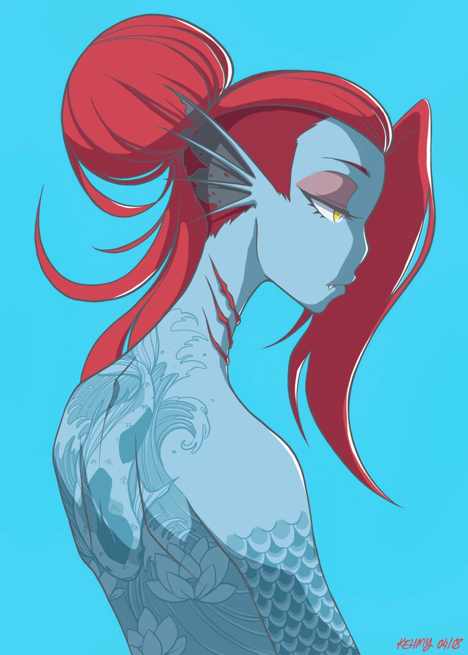 1girl 2018 alternate_hair_length alternate_hairstyle androgynous arm_tattoo artist_name back back_tattoo blue_background blue_skin eyeshadow fang fringe from_behind full_body_tattoo gills hair_bun half-closed_eyes head_fins highres kehmy looking_down makeup monster_girl nude redhead signature simple_background solo tattoo undertale undyne upper_body yellow_eyes