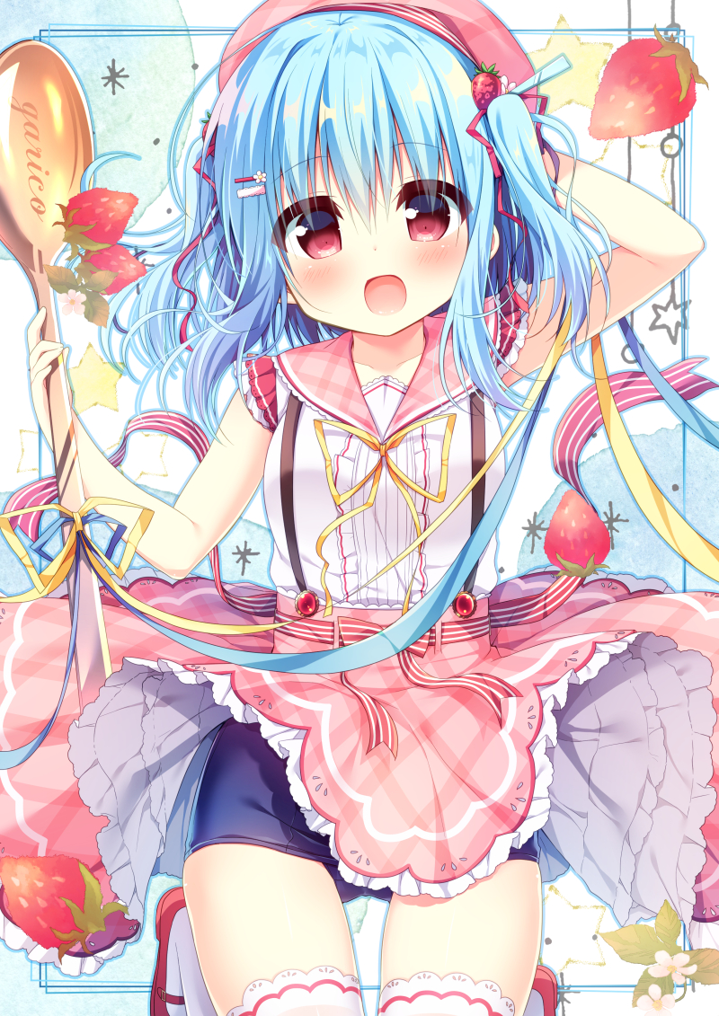 1girl :d arm_up bangs beret blue_hair blue_swimsuit blush breasts center_frills collarbone commentary_request eyebrows_visible_through_hair food food_themed_hair_ornament frills fruit hair_between_eyes hair_ornament hair_ribbon hairclip hanamiya_natsuka hand_up hat holding holding_spoon looking_at_viewer old_school_swimsuit one-piece_swimsuit open_mouth original oversized_object pink_hat pink_skirt plaid plaid_skirt red_eyes red_ribbon ribbon school_swimsuit shirt skirt small_breasts smile solo spoon strawberry strawberry_hair_ornament swimsuit swimsuit_under_clothes thigh-highs two_side_up white_legwear white_shirt