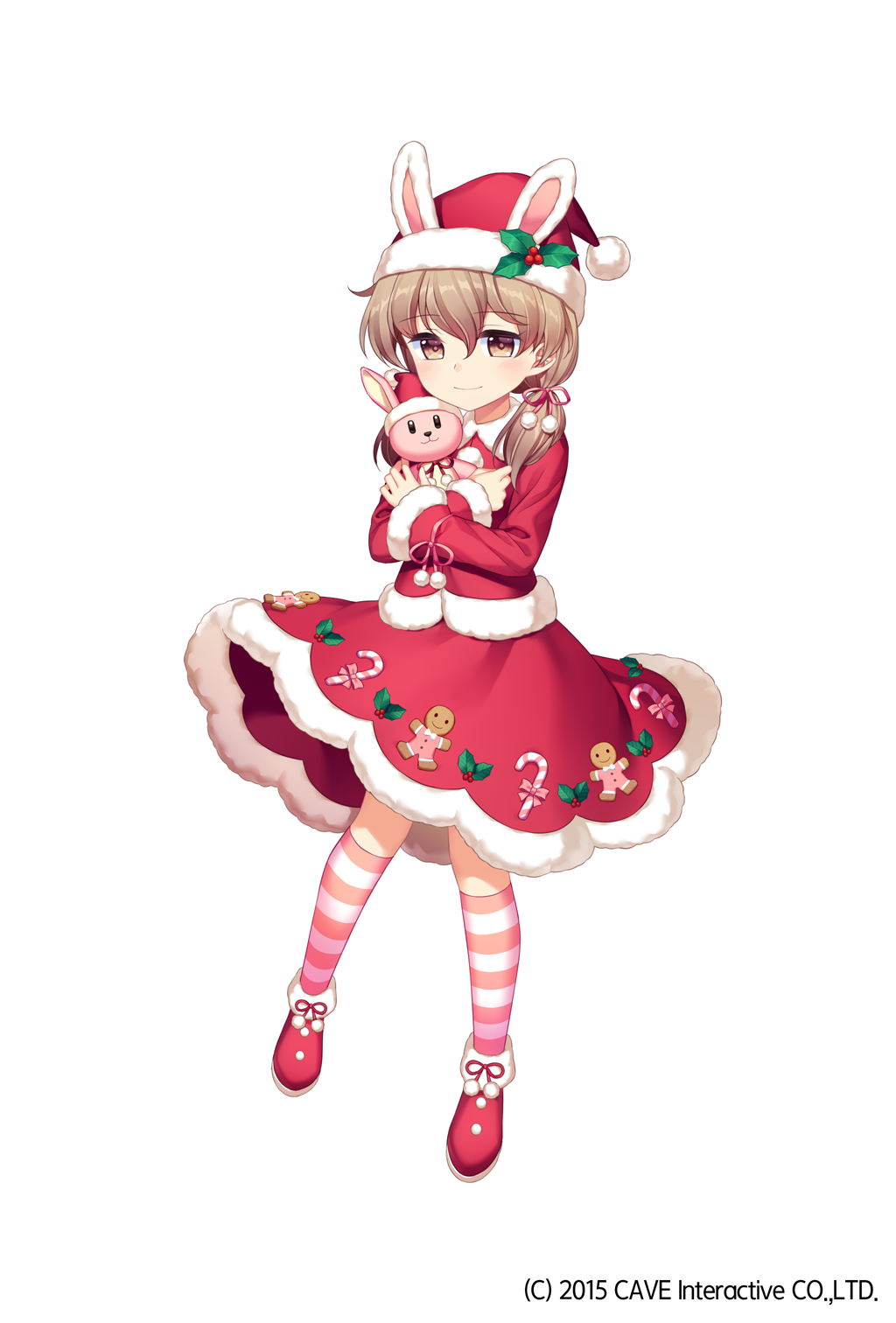1girl animal_hat brown_hair bunny_hat candy candy_cane crossed_arms dress food full_body gingerbread_man gothic_wa_mahou_otome hair_between_eyes hat hat_ornament highres holding holding_stuffed_animal holly jenevan medium_hair official_art pink_legwear red_dress red_footwear red_skirt santa_hat short_twintails skirt standing striped striped_legwear stuffed_animal stuffed_bunny stuffed_toy twintails
