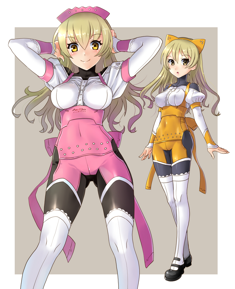 1girl :o adapted_costume arms_up blonde_hair bodysuit breasts employee_uniform eyebrows_visible_through_hair full_body gluteal_fold headband impossible_bodysuit impossible_clothes katahira_masashi long_hair looking_at_viewer medium_breasts multiple_views original puffy_sleeves simple_background skin_tight smile solo thigh-highs two-tone_background uniform yellow_eyes
