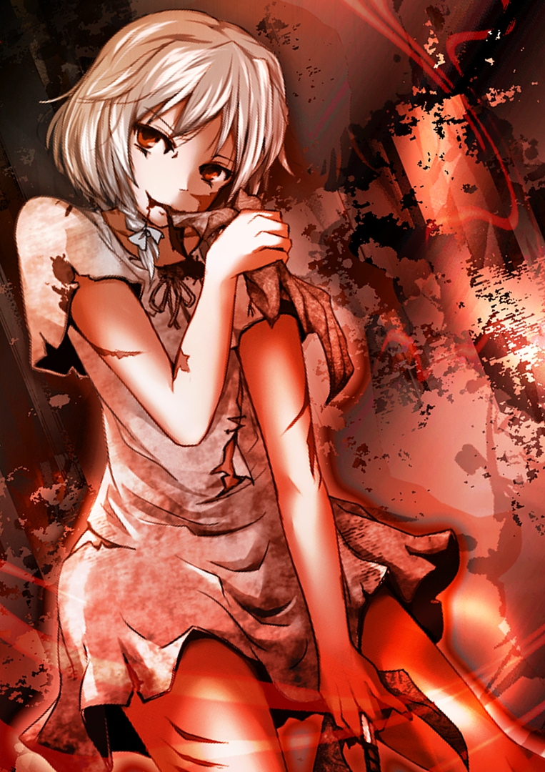 1girl alternate_costume bare_arms blood blood_from_mouth bow braid collarbone commentary_request cowboy_shot cuts dress grabbing grey_bow hair_bow hand_up head_tilt holding holding_knife holding_weapon injury izayoi_sakuya knife looking_at_viewer red_eyes short_dress short_hair short_sleeves silver_hair smile solo standing thighs torn_clothes torn_dress torn_sleeves touhou wakashinoda_kei weapon white_dress