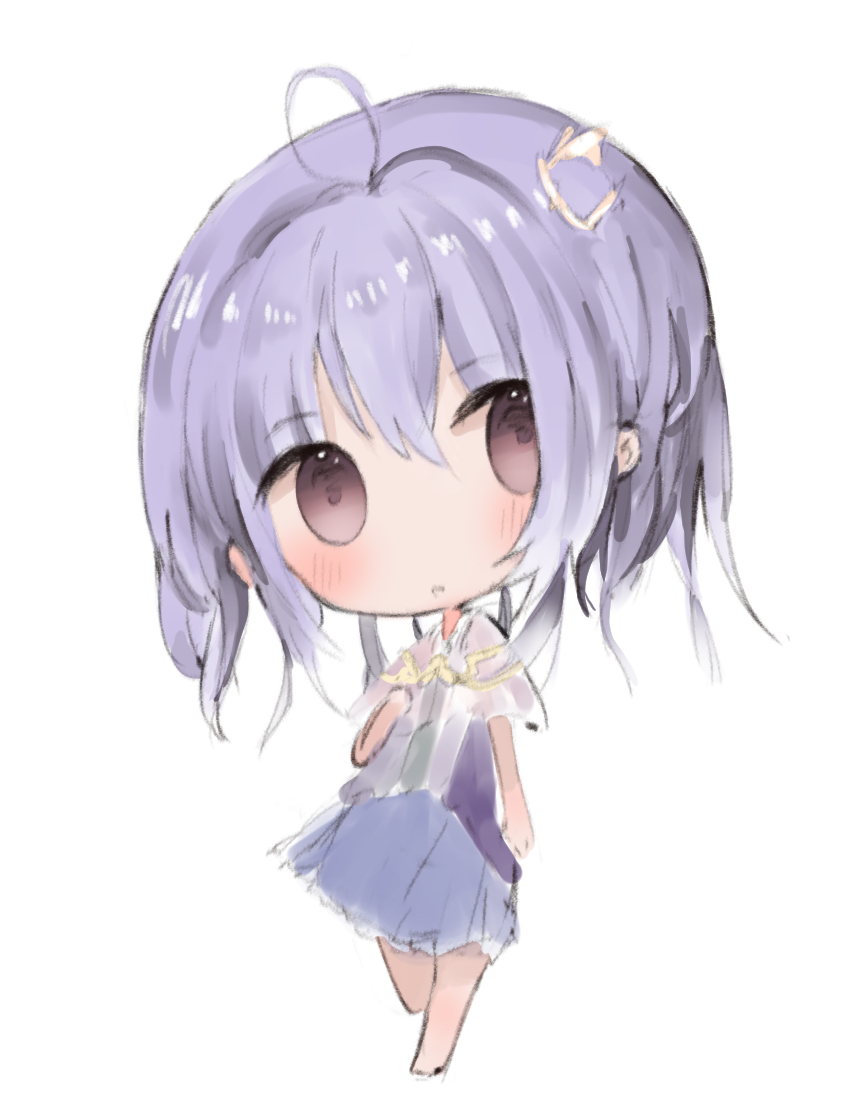 1girl :o ahoge bangs blush brown_eyes chibi copyright_request cottontailtokki eyebrows_visible_through_hair hair_between_eyes head_tilt parted_lips purple_hair purple_skirt shirt skirt solo standing standing_on_one_leg white_background