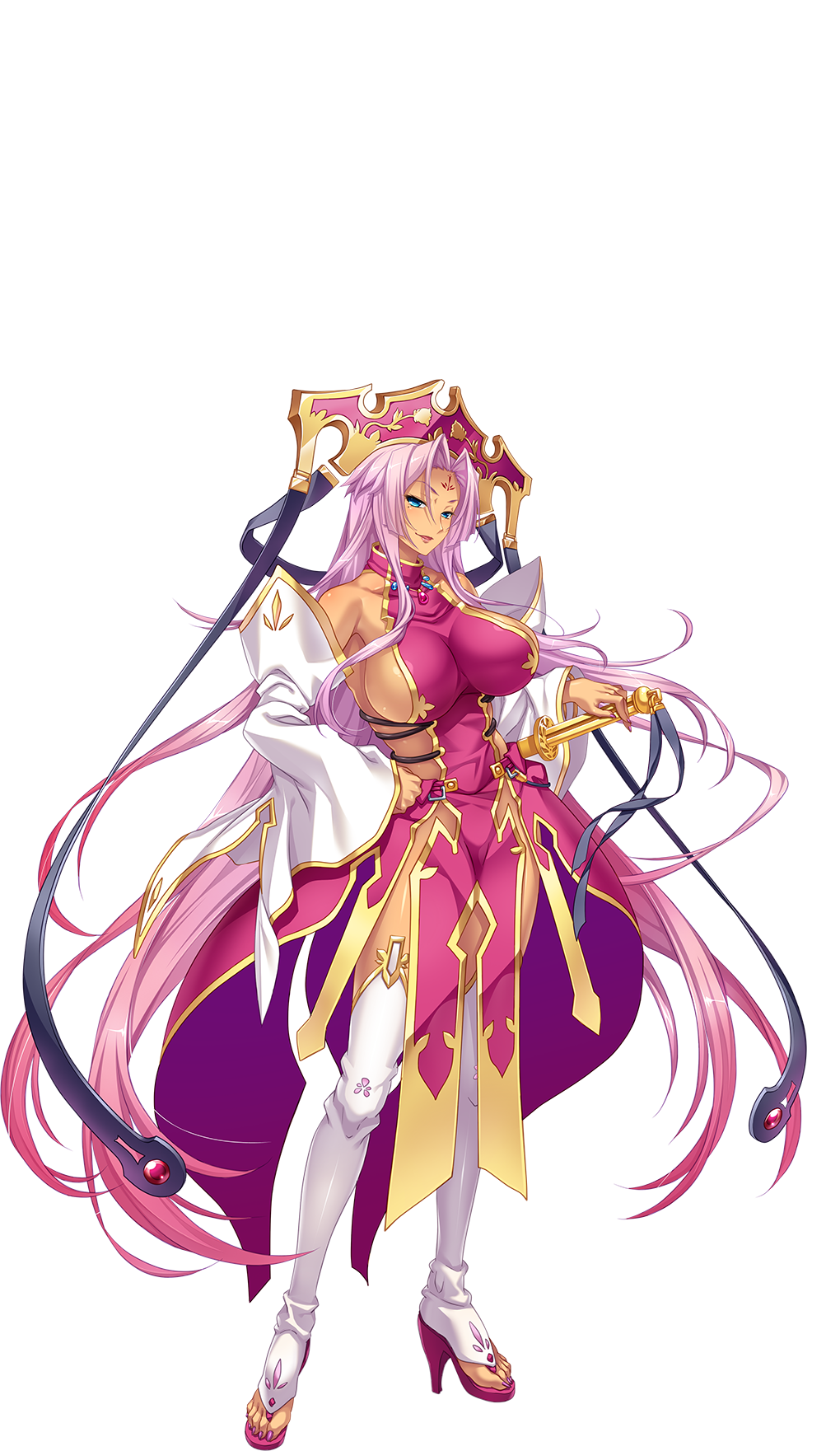 1girl bangs blue_eyes breasts covered_collarbone facial_mark forehead_mark full_body hand_on_hip hat highres hikage_eiji koihime_musou large_breasts lips long_hair looking_at_viewer mole mole_under_eye nail_polish official_art open_toe_shoes parted_bangs parted_lips pelvic_curtain pink_hair sennen_sensou_aigis smile solo sonken_bundai standing sword thigh-highs transparent_background very_long_hair weapon