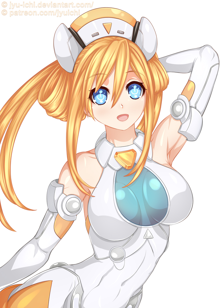 1girl :d arm_up armpits bare_shoulders blue_eyes breasts covered_navel elbow_gloves gloves hair_between_eyes hand_behind_head hat hips jyu_ichi leaning_forward leotard long_hair looking_at_viewer medium_breasts neptune_(series) open_mouth orange_hair orange_heart power_symbol shin_jigen_game_neptune_vii simple_background skin_tight smile solo symbol-shaped_pupils twintails upper_body white_background