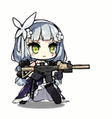 alternate_costume animated animated_gif assault_rifle blue_hair bow butterfly_hair_ornament dress frilled_dress frills girls_frontline gun hair_ornament heckler_&amp;_koch hk416 hk416_(girls_frontline) holding holding_weapon leggings lowres rifle weapon yellow_eyes