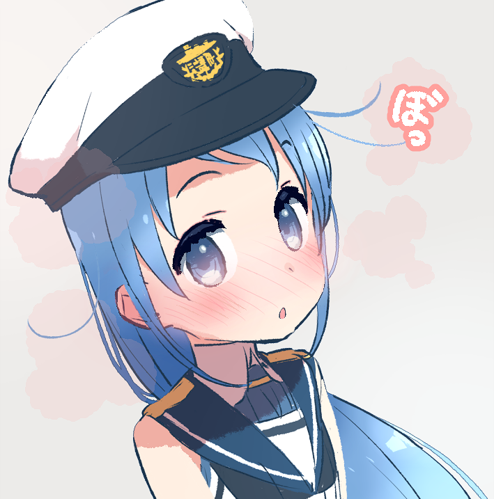 1girl blue_eyes blue_hair blush chestnut_mouth commentary_request hat kantai_collection long_hair looking_at_viewer nose_blush peaked_cap sailor_collar samidare_(kantai_collection) solo yoru_nai