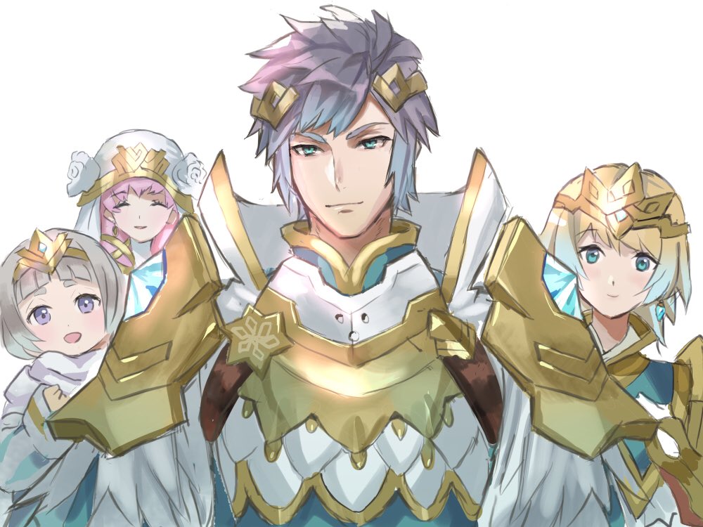 1boy 3girls aqua_eyes armor blonde_hair blue_hair brother_and_sister closed_eyes closed_mouth crown earrings family feather_trim fire_emblem fire_emblem_heroes fjorm_(fire_emblem_heroes) gradient_hair gunnthra_(fire_emblem) hamomo_fe hrid_(fire_emblem_heroes) jewelry long_hair long_sleeves multicolored_hair multiple_girls open_mouth pink_hair short_hair shoulder_armor siblings silver_hair simple_background sisters smile veil violet_eyes white_background ylgr_(fire_emblem_heroes)