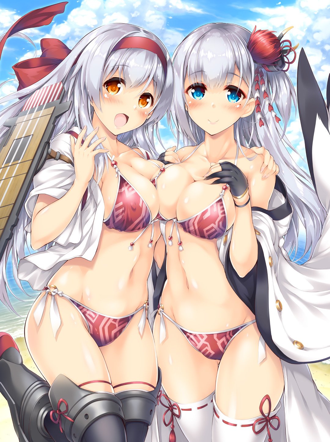 2girls azur_lane bikini blue_eyes blush boots breasts brown_eyes cleavage commentary_request flight_deck gloves grey_hair hair_ornament hairband highres kantai_collection large_breasts long_hair looking_at_viewer mantarousan mole mole_under_eye multiple_girls namesake open_mouth partly_fingerless_gloves red_bikini ribbon-trimmed_legwear ribbon_trim shoukaku_(azur_lane) shoukaku_(kantai_collection) smile swimsuit thigh-highs thigh_boots white_legwear