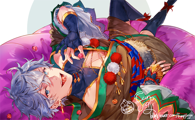 1boy alternate_costume black_gloves black_legwear blue_eyes cleavage_cutout cushion eating ensemble_stars! funpjinju gloves japanese_clothes kimono looking_at_viewer lying male_focus off_shoulder on_back oogami_koga open_mouth partly_fingerless_gloves pom_pom_(clothes) signature silver_hair smile solo