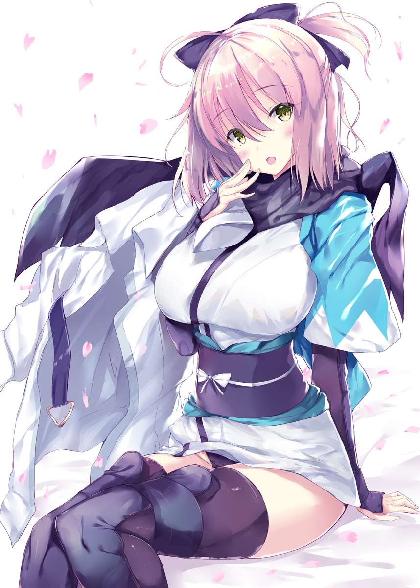 1girl ahoge alternate_breast_size black_bow black_legwear black_panties black_scarf blush bow breasts fate/grand_order fate_(series) hand_on_own_cheek highres japanese_clothes kimono large_breasts looking_at_viewer noto_kurumi okita_souji_(fate) okita_souji_(fate)_(all) panties pantyshot pantyshot_(sitting) petals pink_hair sash scarf short_hair sitting solo thigh-highs underwear