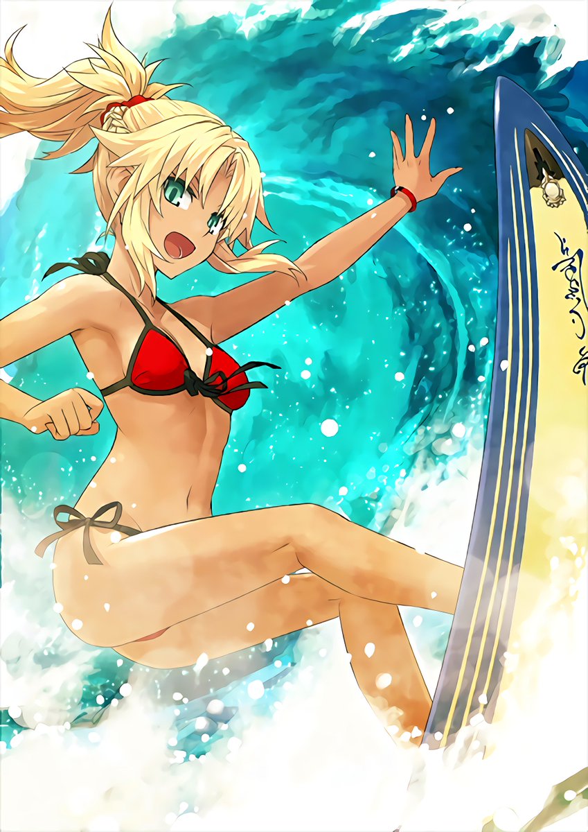 1girl artist_request bikini blonde_hair breasts fate/grand_order fate_(series) green_eyes hair_ornament hair_scrunchie highres long_hair looking_at_viewer medium_breasts mordred_(fate) mordred_(fate)_(all) mordred_(swimsuit_rider)_(fate) ocean open_mouth outdoors red_bikini red_scrunchie scrunchie side-tie_bikini solo surfboard surfing swimsuit water waves