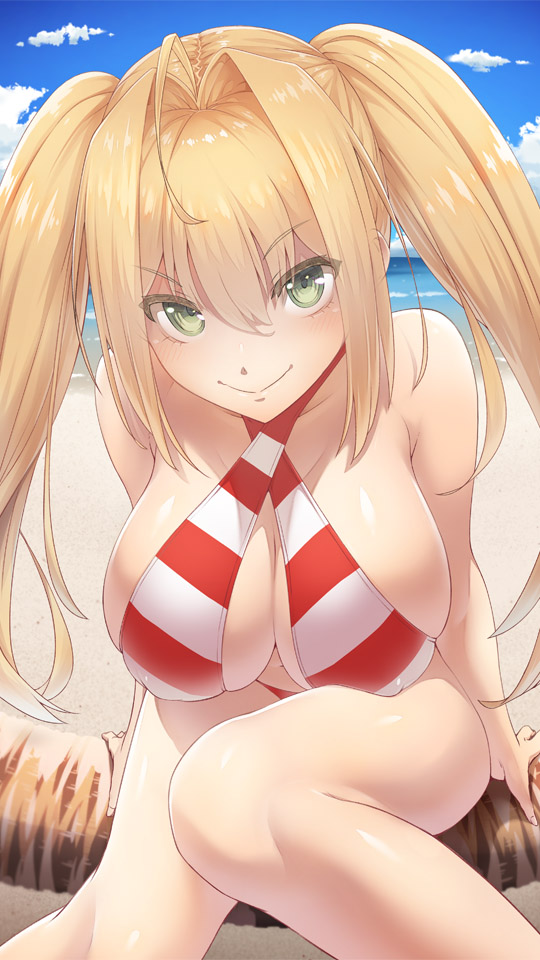1girl ahoge arm_support bare_shoulders beach bead_bracelet beads bikini blonde_hair blue_sky blush bracelet breasts cleavage collarbone commentary_request criss-cross_halter day earrings erect_nipples eyebrows_visible_through_hair eyes_visible_through_hair fate/extra fate/grand_order fate_(series) green_eyes hair_intakes halter_top halterneck in_tree jewelry large_breasts leaning_forward long_hair looking_at_viewer nero_claudius_(fate)_(all) nero_claudius_(swimsuit_caster)_(fate) ocean outdoors palm_tree red_bikini sand shore side-tie_bikini sitting sitting_in_tree sky smile solo striped striped_bikini swimsuit thighs tree twintails urigarasu water
